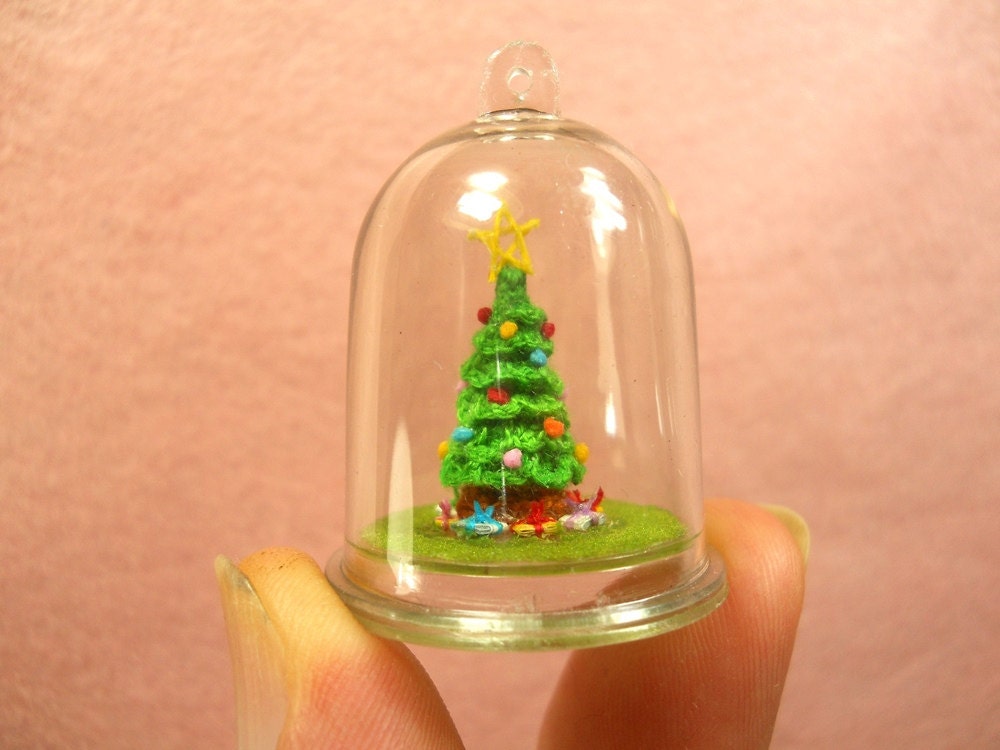 Christmas Tree in Dome - Micro Dollhouse Tree, Christmas Tree Pendant - Made to Order
