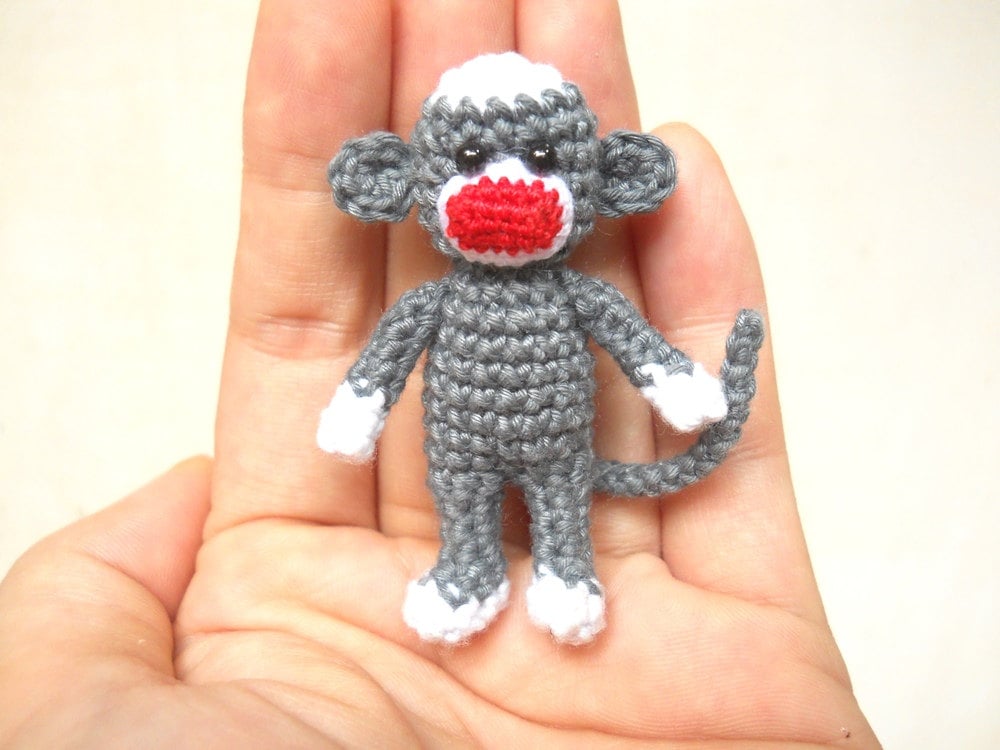 Mini Sock Monkey 2 inches - Amigurumi Crochet Miniature Sock Monkey Stuffed Animal - Made To Order