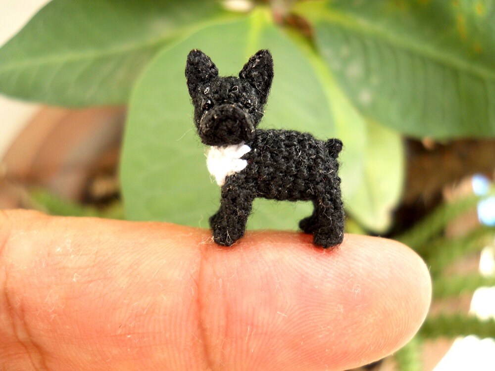 Black White French Bulldog - Micro amigurumi Tiny Crocheted Dog - Made To Order