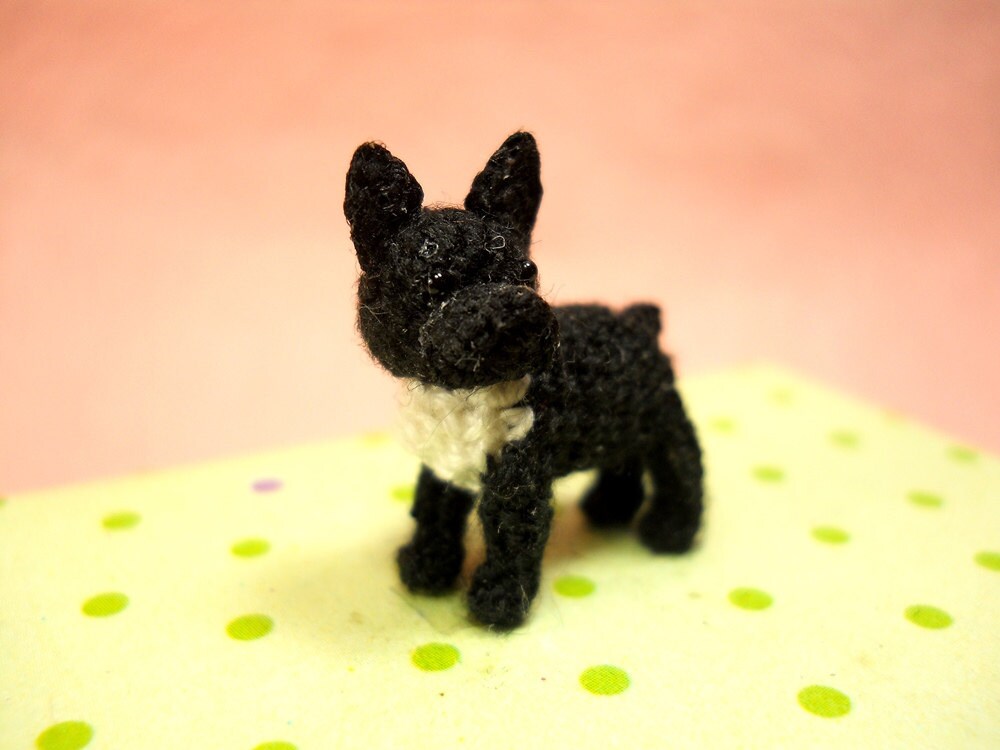 Black White French Bulldog - Micro amigurumi Tiny Crocheted Dog - Made To Order