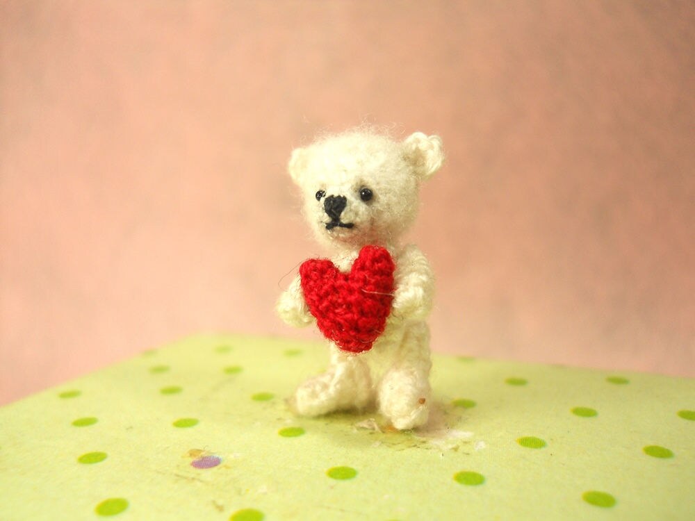 Mini White Bear Holding Heart - Micro Crochet Miniature Bear - Made To Order
