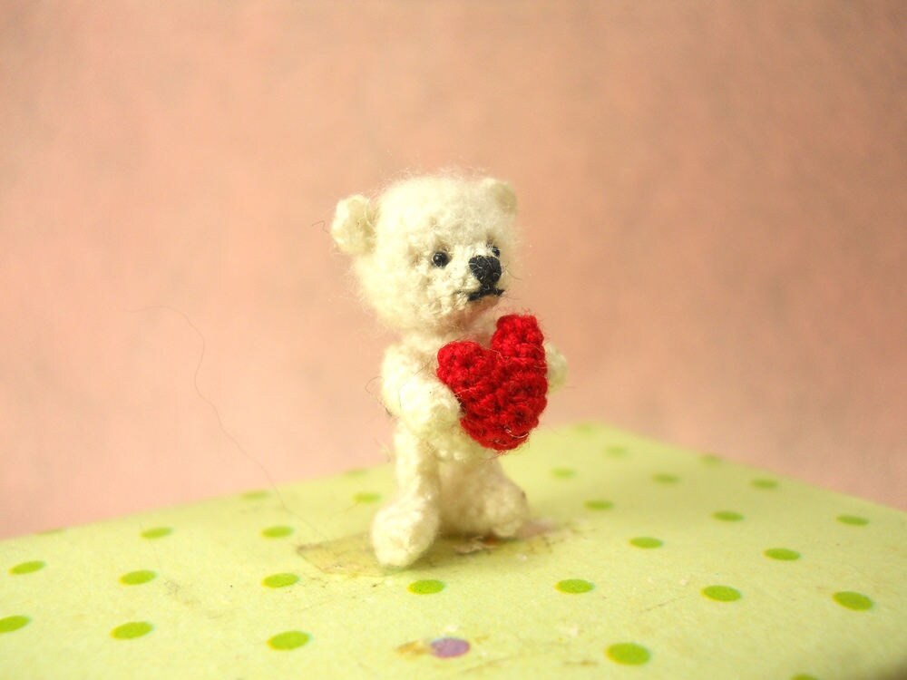 Mini White Bear Holding Heart - Micro Crochet Miniature Bear - Made To Order