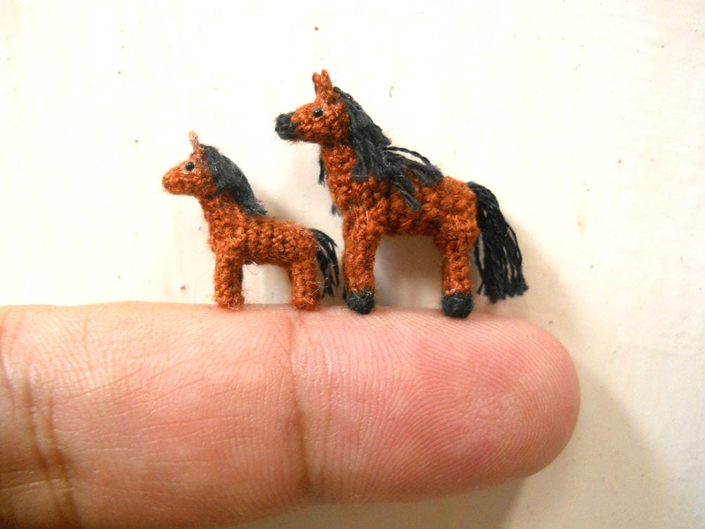 Brown Arabian Horse Family - Micro Amigurumi Miniature Crochet Tiny Stuffed Animal - Made To Order