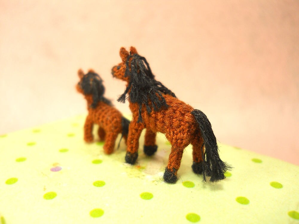 Brown Arabian Horse Family - Micro Amigurumi Miniature Crochet Tiny Stuffed Animal - Made To Order