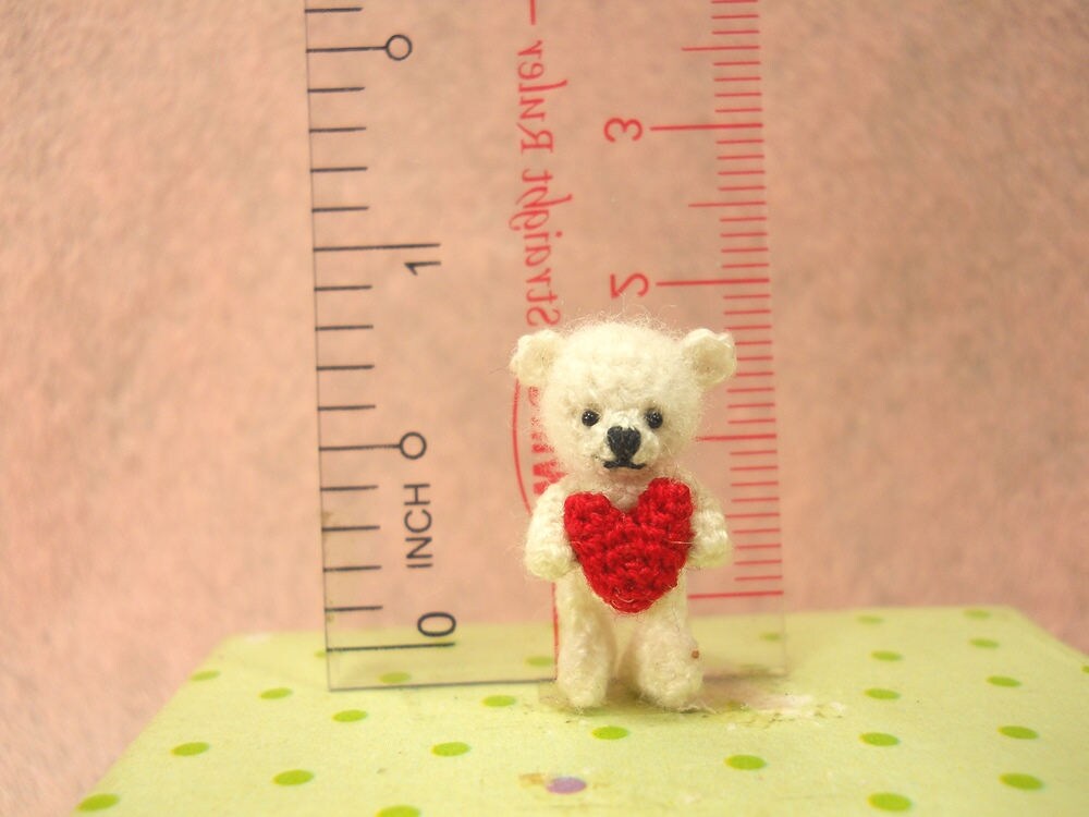 Mini White Bear Holding Heart - Micro Crochet Miniature Bear - Made To Order