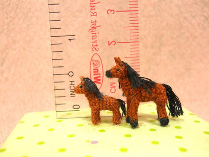 Brown Arabian Horse Family - Micro Amigurumi Miniature Crochet Tiny Stuffed Animal - Made To Order
