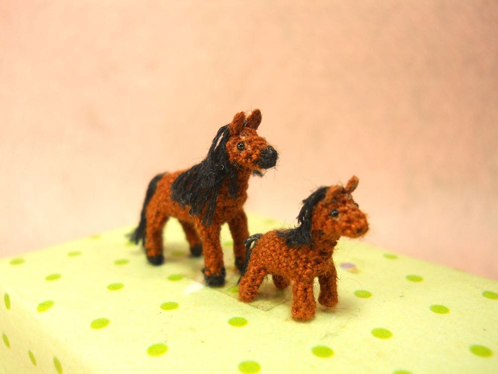 Brown Arabian Horse Family - Micro Amigurumi Miniature Crochet Tiny Stuffed Animal - Made To Order
