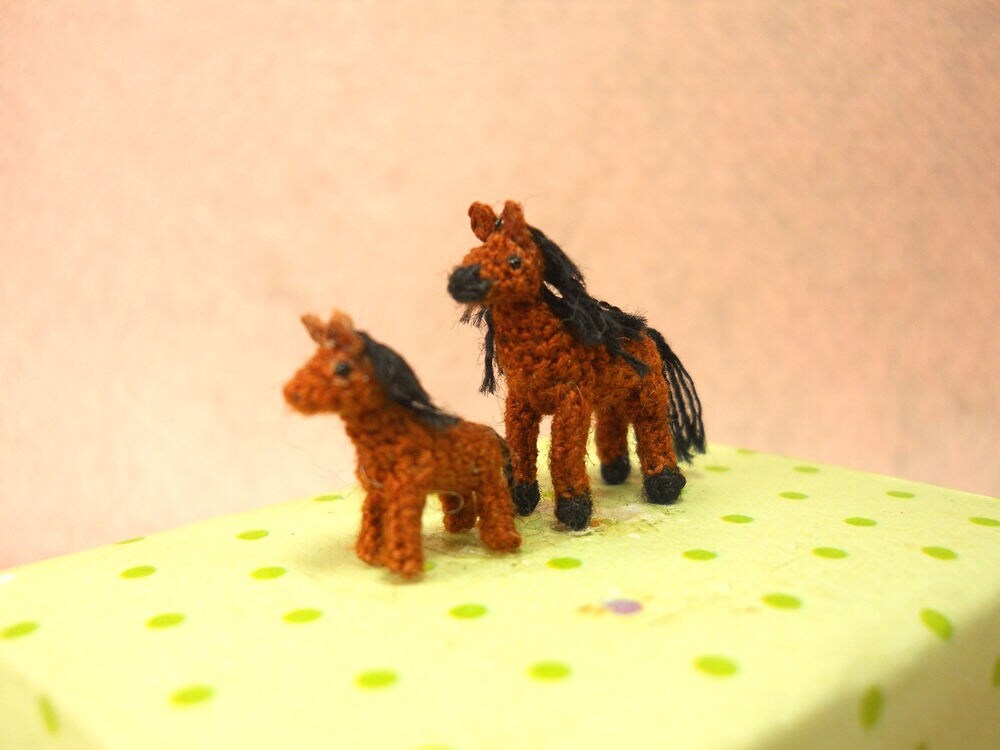 Brown Arabian Horse Family - Micro Amigurumi Miniature Crochet Tiny Stuffed Animal - Made To Order