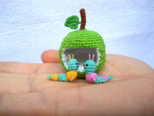 Miniature Worms and Apple,  Micro Crochet Valentine Worm Couple - Made To Order