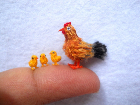 Hen And Yellow Chicks  - Micro Crocheted Chicken Family - Made To Order