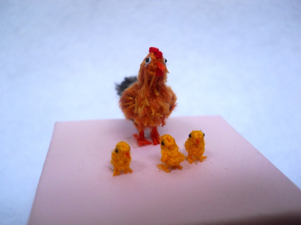 Hen And Yellow Chicks - Micro Crocheted Chicken Family - Made To Order