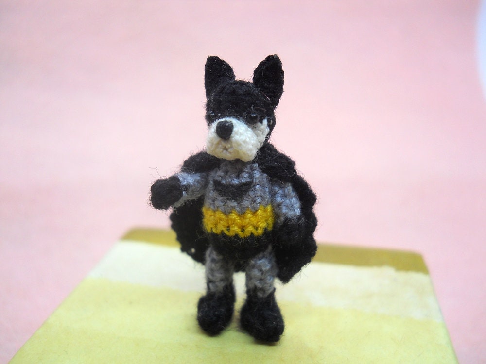 French Bulldog Batman - Micro Amigurumi, Crochet Tiny Doll, Miniature Dog Stuffed Animal.