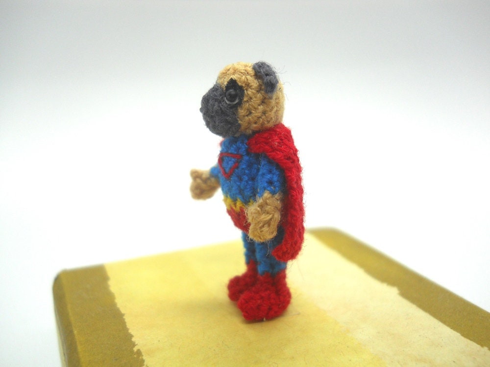 Super Hero Pug - Micro Amigurumi, Crochet Tiny Doll, Miniature Dog Stuffed Animal.
