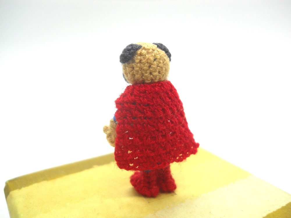 Super Hero Pug - Micro Amigurumi, Crochet Tiny Doll, Miniature Dog Stuffed Animal.