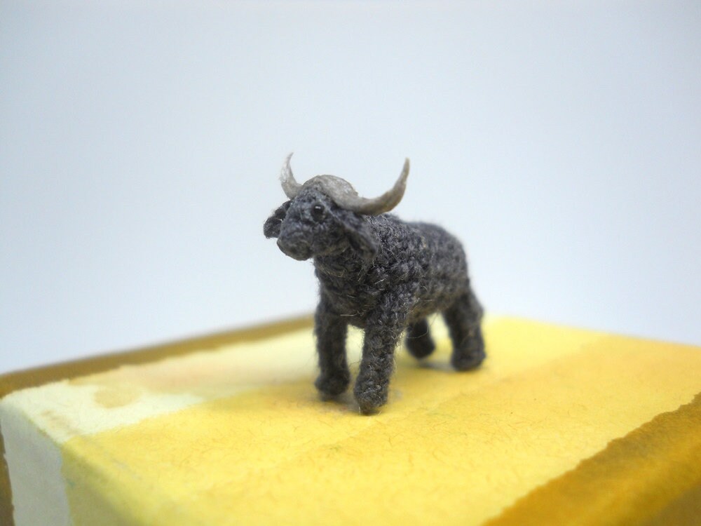 Micro Water Buffalo - Tiny Amigurumi Miniature Crochet Stuffed Animal - Made To Order