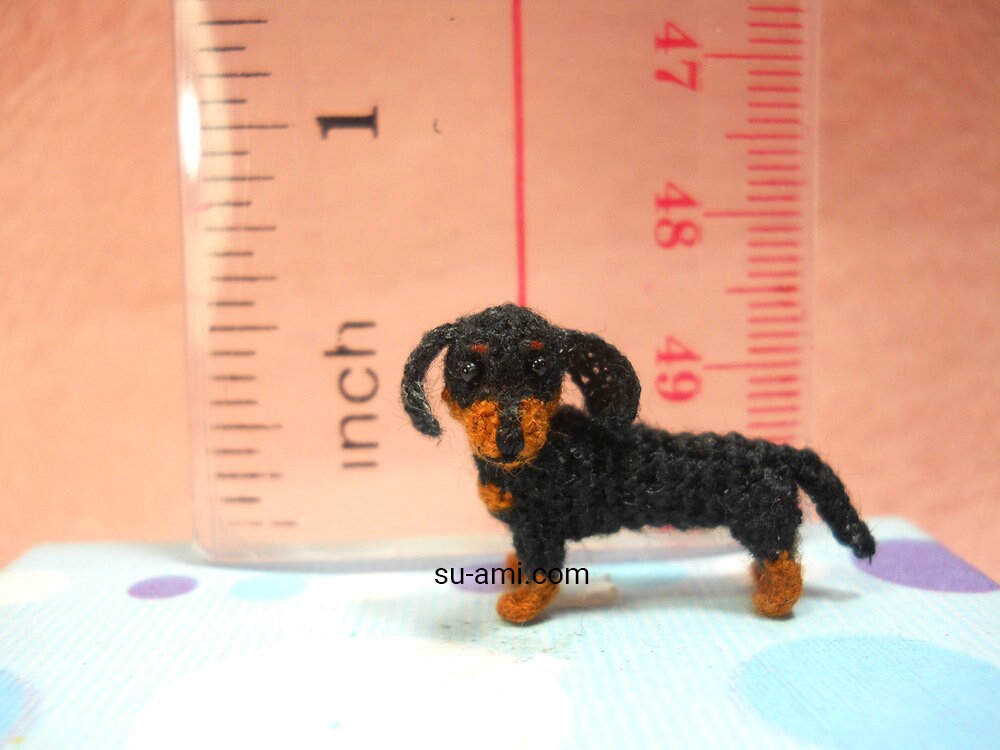 1 Inch Dachshund Sausage Dog Amigurumi - Tiny Crochet Miniature Black Tan Dachshund - Made To Order