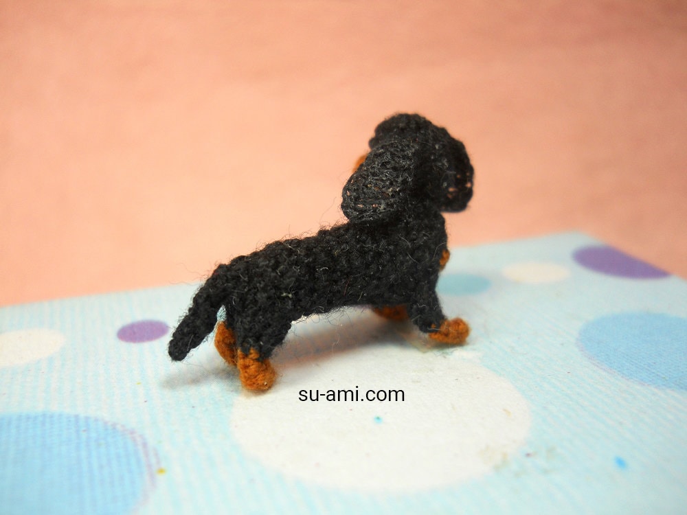 1 Inch Dachshund Sausage Dog Amigurumi - Tiny Crochet Miniature Black Tan Dachshund - Made To Order