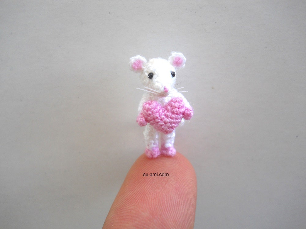 0.8 Inch Mouse With Heart - Miniature Crochet Amigurumi White Mouse Holding Pink Heart - Made To Order