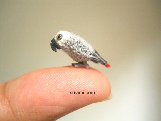 African Grey Parrot in Dome - Micro Amigurumi Miniature Crochet Bird Stuffed Animal - Made To Order