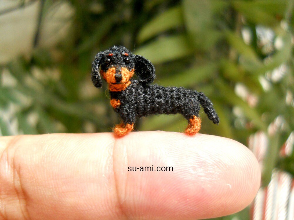 1 Inch Dachshund Sausage Dog Amigurumi - Tiny Crochet Miniature Black Tan Dachshund - Made To Order