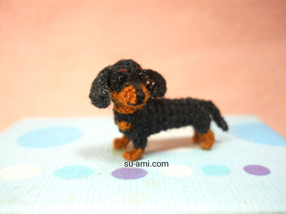 1 Inch Dachshund Sausage Dog Amigurumi - Tiny Crochet Miniature Black Tan Dachshund - Made To Order