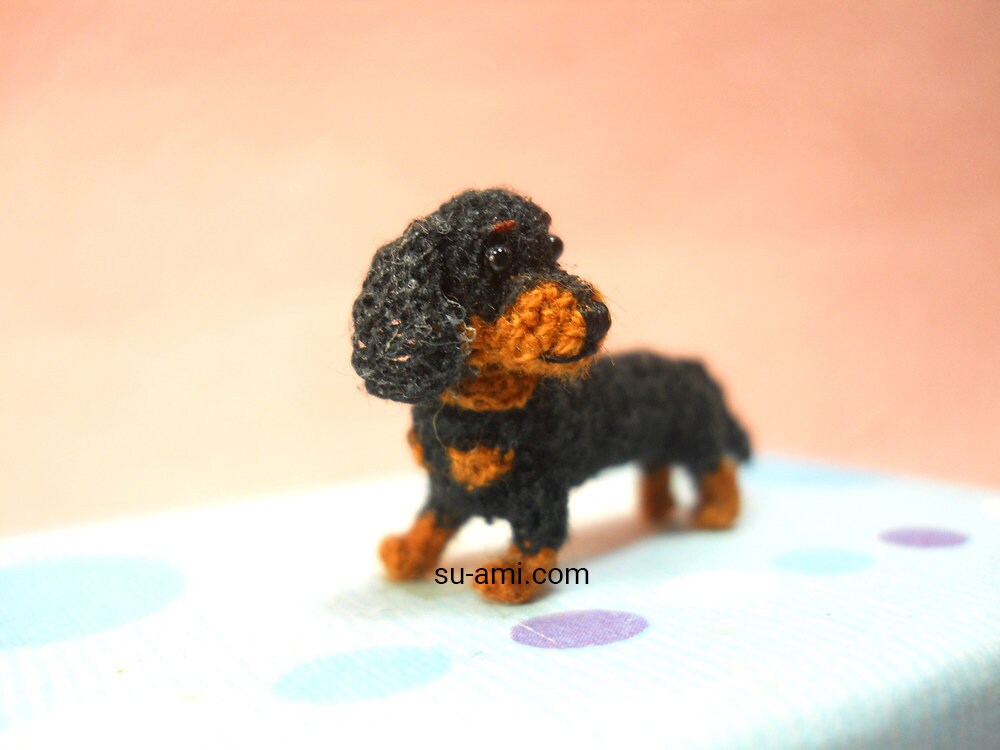 1 Inch Dachshund Sausage Dog Amigurumi - Tiny Crochet Miniature Black Tan Dachshund - Made To Order