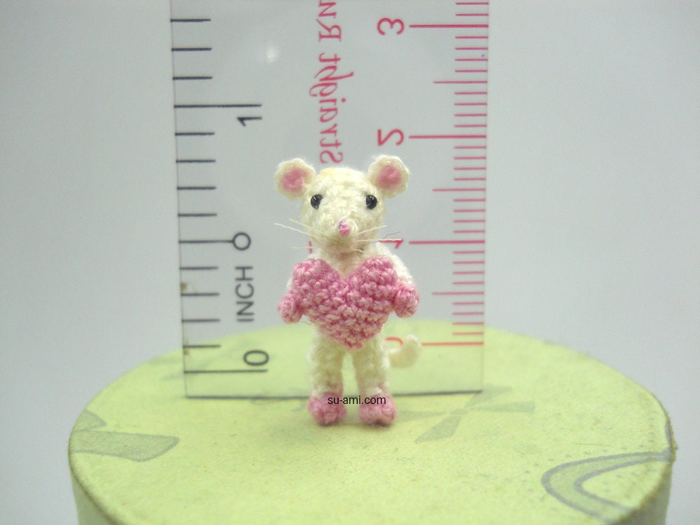 0.8 Inch Mouse With Heart - Miniature Crochet Amigurumi White Mouse Holding Pink Heart - Made To Order