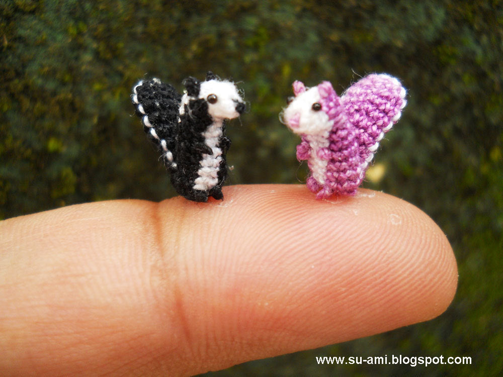 Cute Tiny Squirrels - Micro Crochet Miniature Animals Set of Two Squirrels Black and Purple - Made To Order