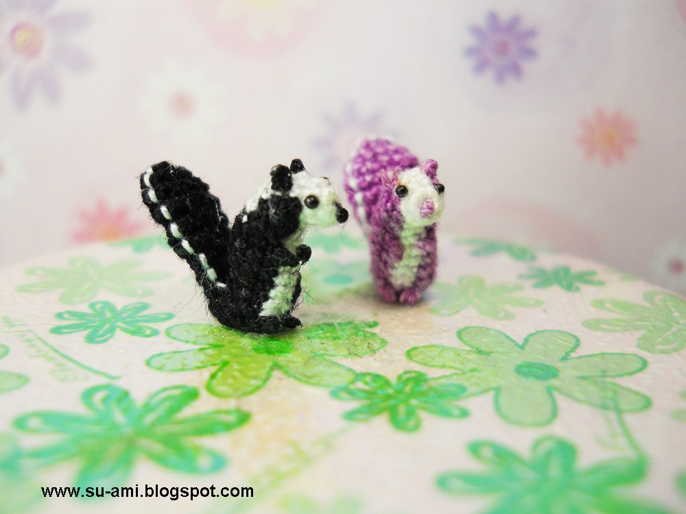 Cute Tiny Squirrels - Micro Crochet Miniature Animals Set of Two Squirrels Black and Purple - Made To Order