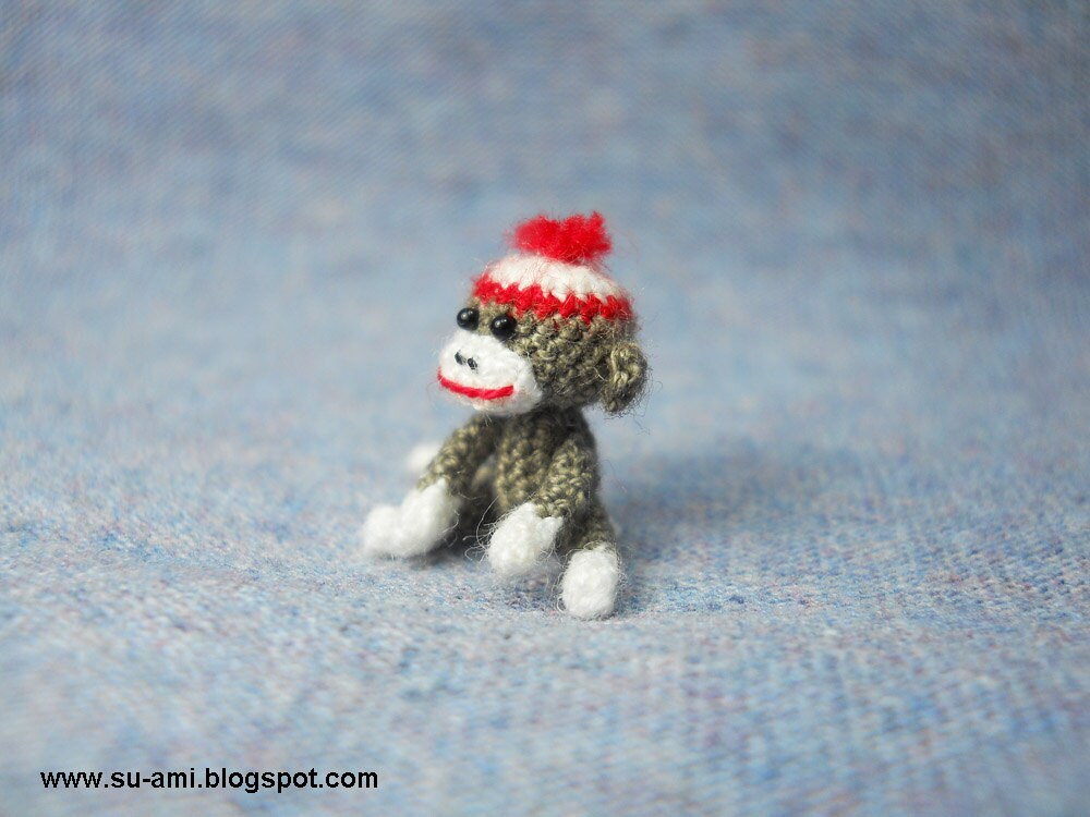Tiniest Sock Monkey - Micro Amigurumi Crochet Miniature Sock Monkey Stuff Animal - Made to Order