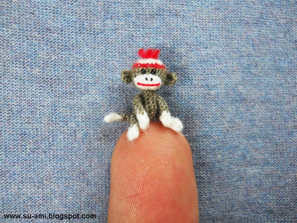 Tiniest Sock Monkey - Micro Amigurumi Crochet Miniature Sock Monkey Stuff Animal - Made to Order