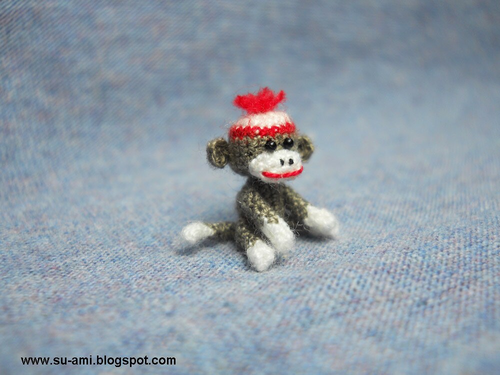 Tiniest Sock Monkey - Micro Amigurumi Crochet Miniature Sock Monkey Stuff Animal - Made to Order