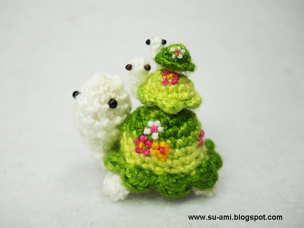 Flowery Turtle Family - Micro Amigurumi Crochet Tortoises - Set of 3 Green Turtles - Made To Order