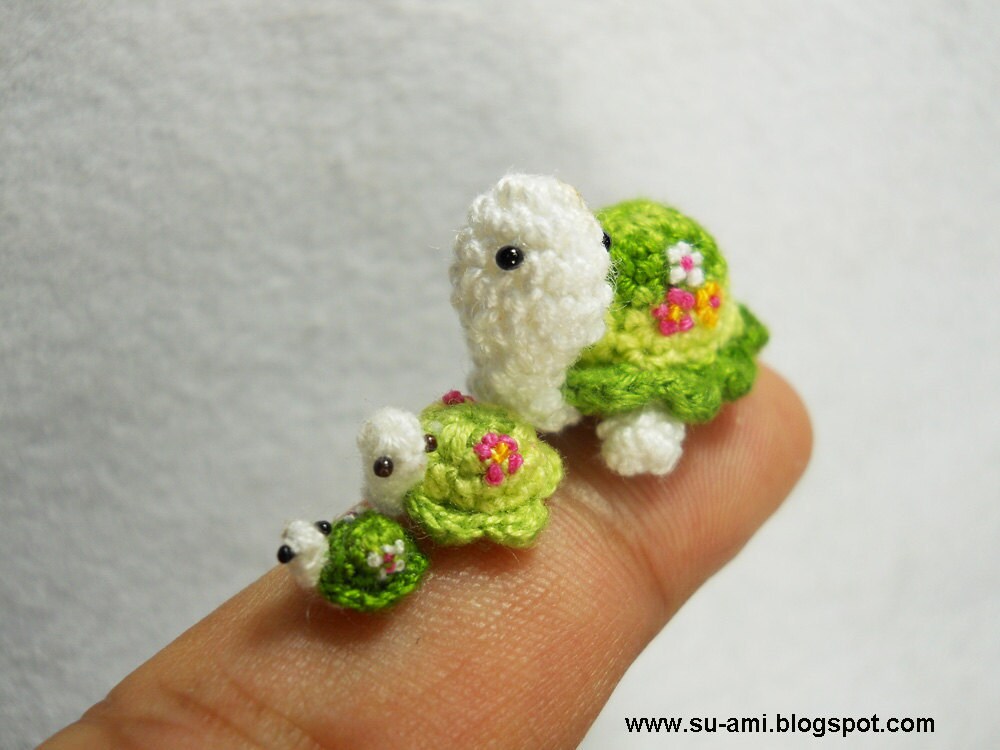 Flowery Turtle Family - Micro Amigurumi Crochet Tortoises - Set of 3 Green Turtles - Made To Order