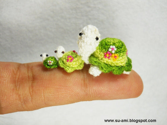 Flowery Turtle Family - Micro Amigurumi Crochet Tortoises - Set of 3 Green Turtles - Made To Order