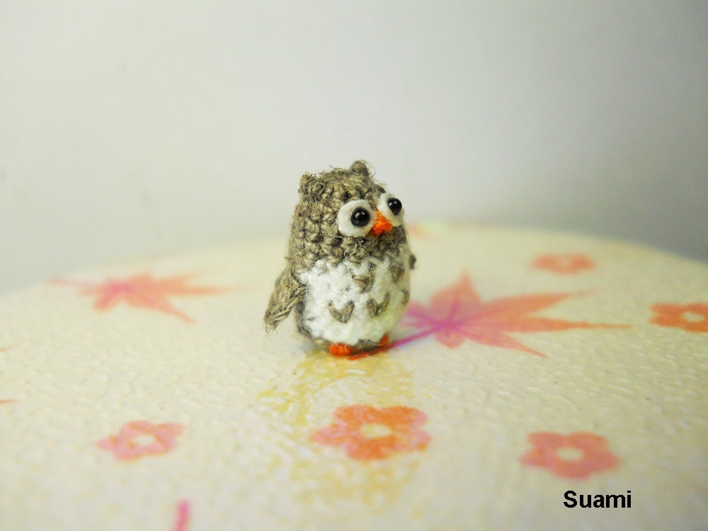 Miniature Crochet Owl - Micro Mini Amigurumi Grey Owl - Made To Order