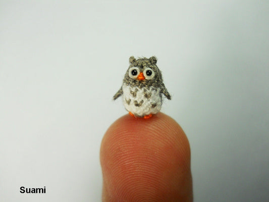 Miniature Crochet Owl - Micro Mini Amigurumi Grey Owl - Made To Order