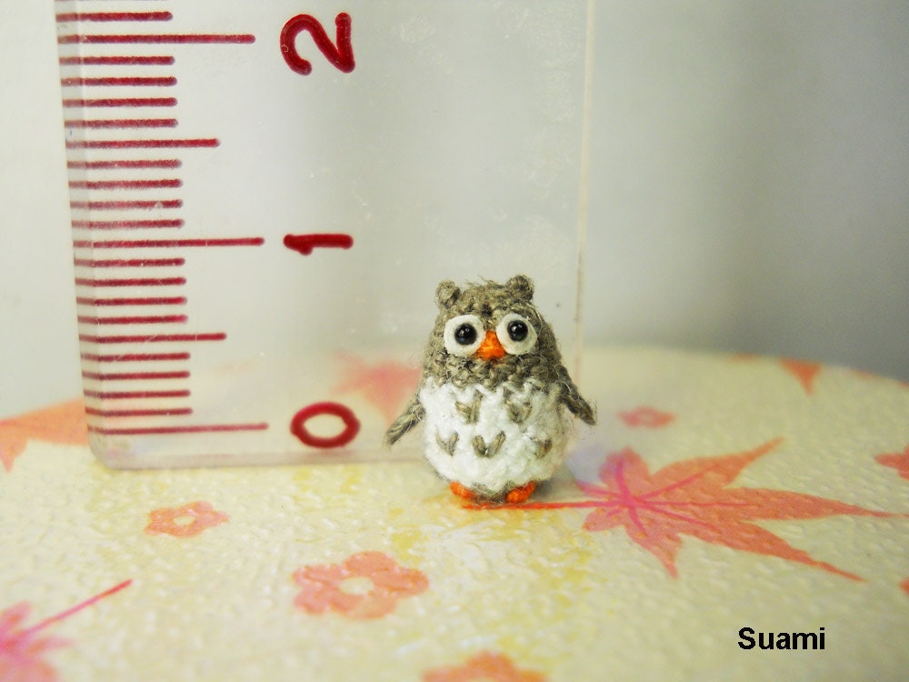 Miniature Crochet Owl - Micro Mini Amigurumi Grey Owl - Made To Order