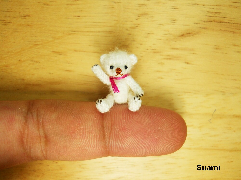 Teeny Tiny Teddy Bear 0.8 Inch - Crochet Mohair White Bear Pink Scarf - Made To Order