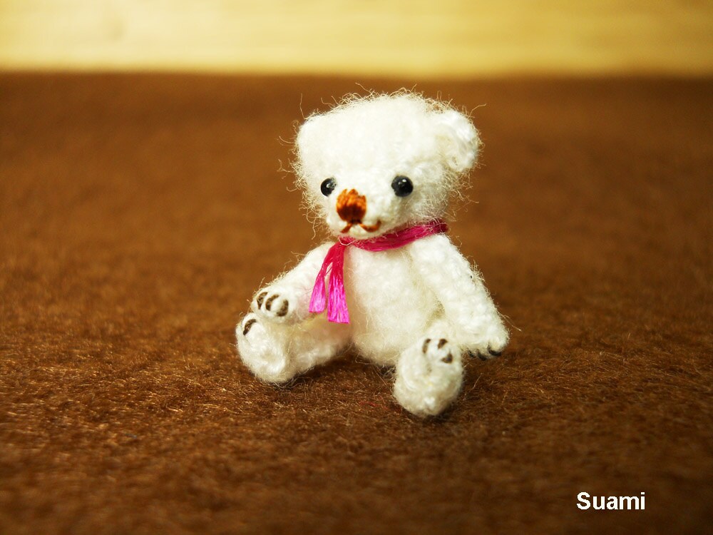 Teeny Tiny Teddy Bear 0.8 Inch - Crochet Mohair White Bear Pink Scarf - Made To Order