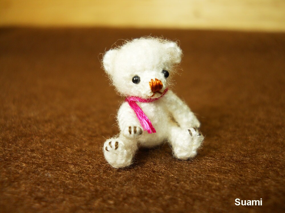 Teeny Tiny Teddy Bear 0.8 Inch - Crochet Mohair White Bear Pink Scarf - Made To Order