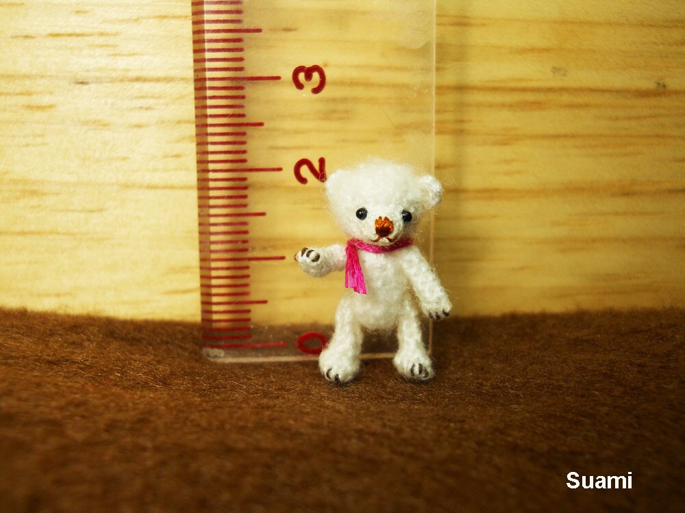 Teeny Tiny Teddy Bear 0.8 Inch - Crochet Mohair White Bear Pink Scarf - Made To Order