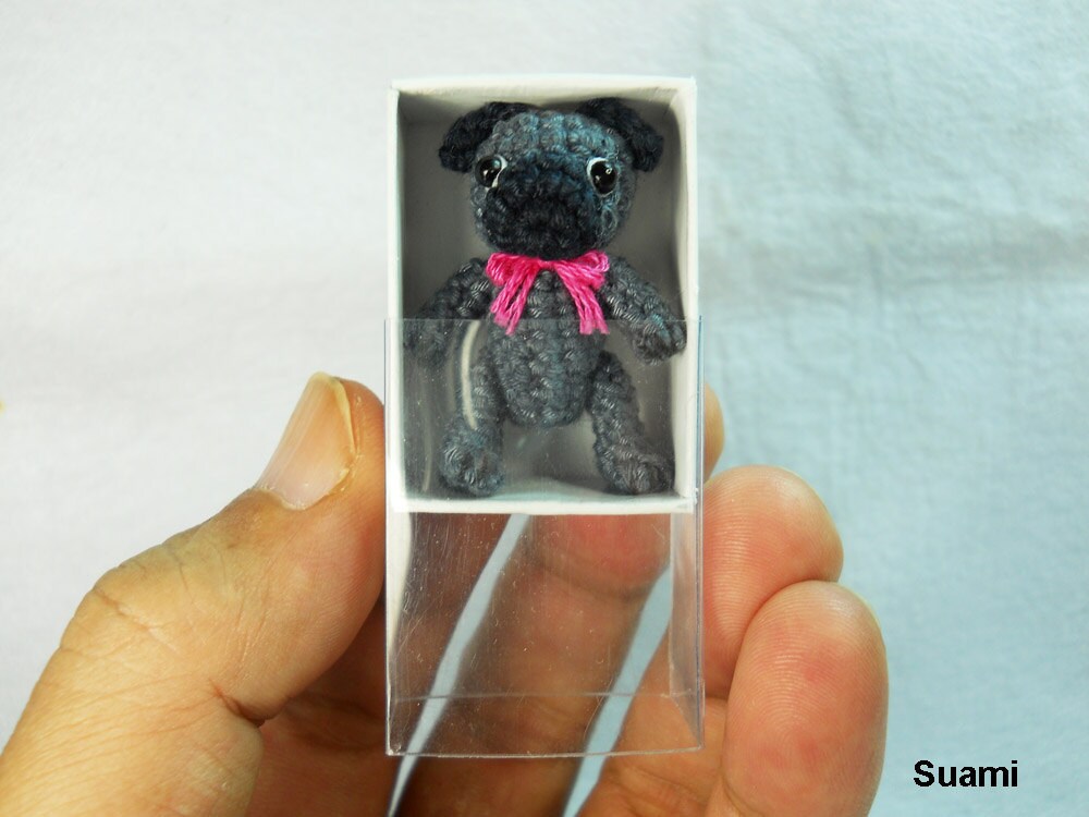 Mini Crochet Black Pug Dog - Teeny Tiny Dollhouse Miniature Pet - Made To Order