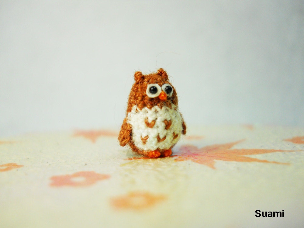 Micro Mini Brown Owl - Tiny Handmade Crochet Amigurumi Miniature Owls - Made To Order
