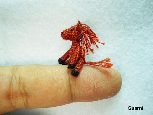 Miniature Chestnut Horse - Micro Dollhouse Miniature Thread Crochet Tiny Stuff Animal - Made To Order