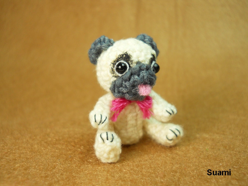 Tan Pug Dog with Pink Bow - Teeny Tiny Dollhouse Miniature Pet - Cotton Yarn Crocheted Pugs - Made To Order