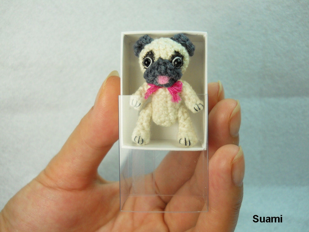 Tan Pug Dog with Pink Bow - Teeny Tiny Dollhouse Miniature Pet - Cotton Yarn Crocheted Pugs - Made To Order