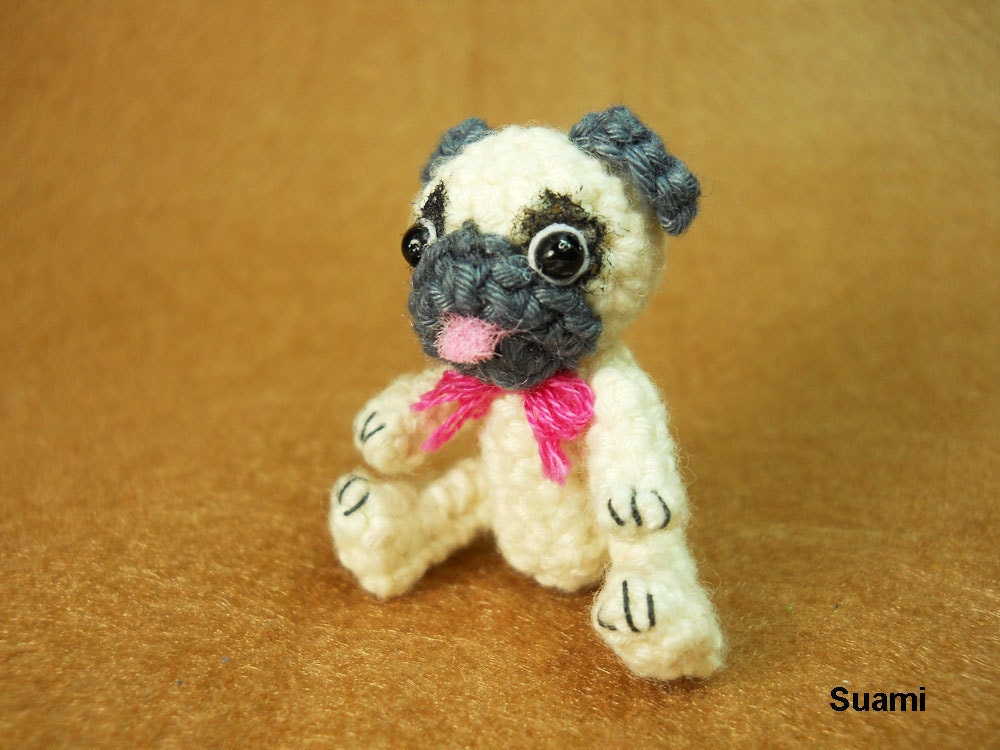 Tan Pug Dog with Pink Bow - Teeny Tiny Dollhouse Miniature Pet - Cotton Yarn Crocheted Pugs - Made To Order