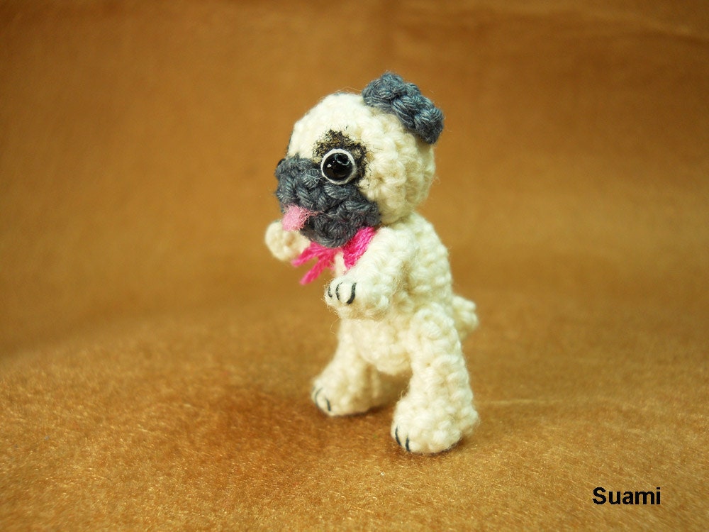 Tan Pug Dog with Pink Bow - Teeny Tiny Dollhouse Miniature Pet - Cotton Yarn Crocheted Pugs - Made To Order