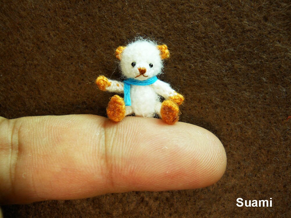 Cute Teddy Mohair Bear - Tiny Crocheted Bears 0.8 Inch Scale Blue Scarf - Made To Order
